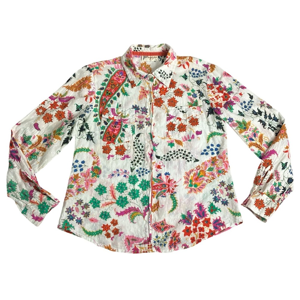 Magazine Blouse Womens L Floral Paisley Cotton Dobby Roll Tab Flap Pockets Boho